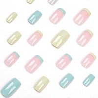 Rikview French Tip Press On Nails Medium Fake Nails Blue Stick On Nails With Flowers Design Square Yellow Nails For Women