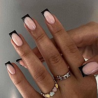 Rikview French Tip Press On Nails Medium Fake Nails Black Stick On Nails Square Nude Nails For Women