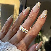 Rikview White Almond Press On Nails Medium Fake Nails Nude Stick On Nails Embossed Nails With Daisy Design