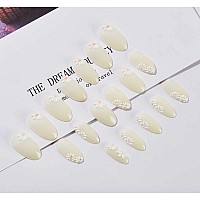 Rikview White Almond Press On Nails Medium Fake Nails Nude Stick On Nails Embossed Nails With Daisy Design