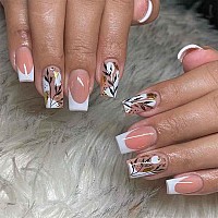 Rikview French Tip Press On Nails Medium Fake Nails White Nails With Flowers Design Coffin Stick On Nails