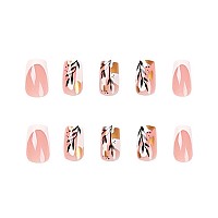 Rikview French Tip Press On Nails Medium Fake Nails White Nails With Flowers Design Coffin Stick On Nails