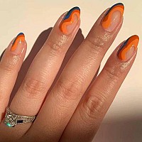 Rikview Almond Press On Nails Medium Fake Nails Orange Blue Stick On Nails With Swirls Design