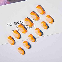 Rikview Almond Press On Nails Medium Fake Nails Orange Blue Stick On Nails With Swirls Design