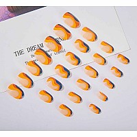 Rikview Almond Press On Nails Medium Fake Nails Orange Blue Stick On Nails With Swirls Design