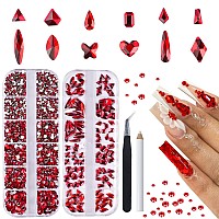 Canvalite 1820Pcs Red Rhinestones Nail Gems 12 Styles 3D Glass Crystals Nail Charms Shiny Multi Shape Flatback Nail Rhinestones