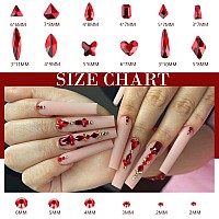 Canvalite 1820Pcs Red Rhinestones Nail Gems 12 Styles 3D Glass Crystals Nail Charms Shiny Multi Shape Flatback Nail Rhinestones