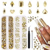 Canvalite 1820Pcs Gold Rhinestones Nail Gems 12 Styles 3D Glass Crystals Nail Charms Shiny Multi Shape Flatback Nail Rhinestones for Nail Art with Rhinestones Picker and Tweezers for DIY Nail Art