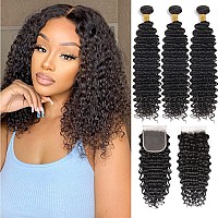 Deep Wave Bundles With Closure Human Hair 12 14 1610 Closure 4X4 Lace Closure With Baby Hair Natural Color 3 Bundles With Clo