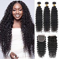 Deep Wave Bundles With Closure 26 28 3022 Closure Human Hair Curly 3 Bundles And Closure Free Part 100 Unprocessed Remy Hair