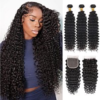 Deep Curly Bundles With Closure Human Hair Deep Wave 3 Bundles And Closure 16 18 2014 Closure Free Part Natural Color 4X4 Lac