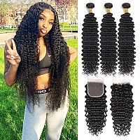 Deep Wave Bundles With Closure Human Hair 20 22 2418 Closure 4X4 Curly Lace Closure With Baby Hair Natural Color Pre Plucked