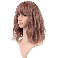 Vckovcko Rattan Short Natural Wavy Wig With Air Bangs Shoulder Length Curly Cosplay Synthetic Wig Bob Wig For Girl And Womens C