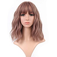 Vckovcko Rattan Short Natural Wavy Wig With Air Bangs Shoulder Length Curly Cosplay Synthetic Wig Bob Wig For Girl And Womens C