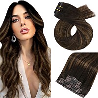 Moresoo Seamless Clip In Hair Extensions Remy Human Hair 16Inch Clip In Dark Brown Mixed Light Brown Hair Color 262 Pu Weft C