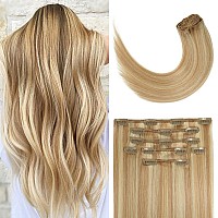 15 Inch Clip in Hair Extensions Real Human Hair 70G Light Brown/Bleach Blonde 100% Remy Human Hair Soft Silky Straight for Fashion Women 7pcs 16clips One Pack (15 Inch #12P613)