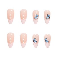 Rikview French Tip Press On Nails Medium Fake Nails Almond White Stick On Nails With Butterfly Design