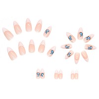 Rikview French Tip Press On Nails Medium Fake Nails Almond White Stick On Nails With Butterfly Design