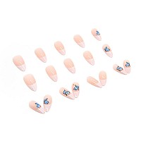 Rikview French Tip Press On Nails Medium Fake Nails Almond White Stick On Nails With Butterfly Design