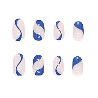 Rikview French Tip Press On Nails Short Fake Nails Oval Blue Nails For Women With Swirls Design