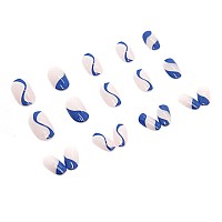 Rikview French Tip Press On Nails Short Fake Nails Oval Blue Nails For Women With Swirls Design