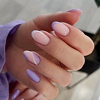 Rikview French Tip Press On Nails Short Fake Nails Oval Purple Nails For Women With Swirls Design