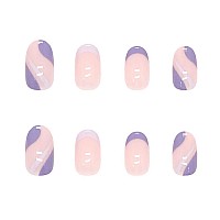 Rikview French Tip Press On Nails Short Fake Nails Oval Purple Nails For Women With Swirls Design