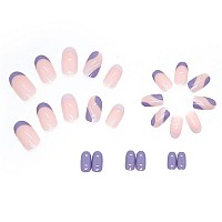 Rikview French Tip Press On Nails Short Fake Nails Oval Purple Nails For Women With Swirls Design