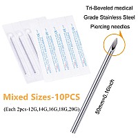 Jiesibao 10Pcs Mixed Piercing Needles 12G 14G 16G 18G 20G Hollow Piercing Needles Stainless Steel Disposable Sterile For Nose S