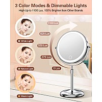 Benbilry Lighted Makeup Mirror With 10X Magnification 3 Color Lights Adjustable Brightness Height 7 Inch 360 Swivel Rechar