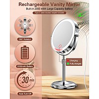 Benbilry Lighted Makeup Mirror With 10X Magnification 3 Color Lights Adjustable Brightness Height 7 Inch 360 Swivel Rechar