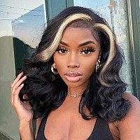 Lady Miranda Loose Wave Lace Part Wig Black with Blonde Highlights Nature Curly Synthetic Heat Resistant Weave Full Wigs for Women