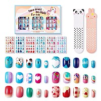 Modelones 144Pcs 6 Pack Press on Nails for Kids Children Acrylic Fake Nails Pre-glue Full Cover Glitter Gradient Color Heart Cat Short False Nail Art Kits Sets Valentines Day Gifts for Kids Girls