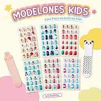 Modelones 144Pcs 6 Pack Press on Nails for Kids Children Acrylic Fake Nails Pre-glue Full Cover Glitter Gradient Color Heart Cat Short False Nail Art Kits Sets Valentines Day Gifts for Kids Girls