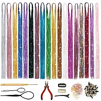 Barsdar Hair Tinsel Kit With Tool 18 Colors 3600 Strands Shiny Tinsel Hair Extensions Fairy Glitter Sparkling Hair For Women Co