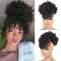 Cetiq Afro Puff Drawstring Ponytail With Bangs Pineapple Updo Hair For Black Women Short Kinky Curly Ponytail Bun 1B