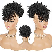 Cetiq Afro Puff Drawstring Ponytail With Bangs Pineapple Updo Hair For Black Women Short Kinky Curly Ponytail Bun 1B