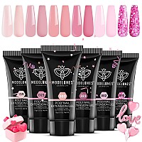 Modelones Poly Nail Gel Set 6 Colors Pink Confetti Collection Nude Pink Glitter Colors Poly Extension Gel Enhancement Builder N