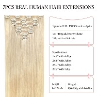 Maxita Hair Extensions Real Human Hair Platinum Blonde 7Pcs 130G 16 Inch Seamless Clip In Hair Extensions Human Hair Remy Clip