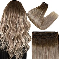 Easyouth Sew In Hair Extensions Human Hair Weft Hair Extensions Ombre Dark Brown To Light Brown Mix Light Blonde Weft Hair Exten