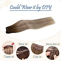 Easyouth Sew In Hair Extensions Human Hair Weft Hair Extensions Ombre Dark Brown To Light Brown Mix Light Blonde Weft Hair Exten