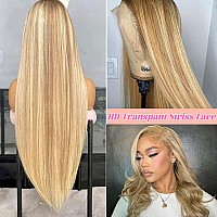 24Inch Long Blonde Highlight Lace Front Wigs 4X4 Lace Closure Ombre Brown Human Hair Wig Straight Highlights 9A Brazilian Virgin