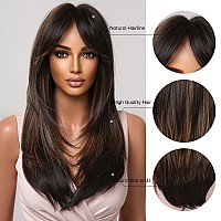 Allbell Brown Wigs For Women Highlight Wig With Bangs Layered Long Brown Blonde Straight Natural Hair Synthetic Wig