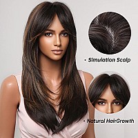 Allbell Brown Wigs For Women Highlight Wig With Bangs Layered Long Brown Blonde Straight Natural Hair Synthetic Wig