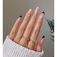 24 Pcs Acrylic Press On Nails Medium Stiletto Fake Nails With Glue Black French And Flower For Women