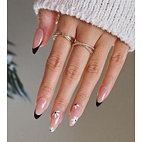 24 Pcs Acrylic Press On Nails Medium Stiletto Fake Nails With Glue Black French And Flower For Women