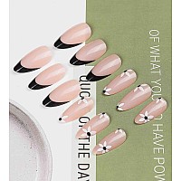 24 Pcs Acrylic Press On Nails Medium Stiletto Fake Nails With Glue Black French And Flower For Women