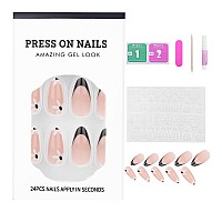 24 Pcs Acrylic Press On Nails Medium Stiletto Fake Nails With Glue Black French And Flower For Women