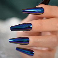 Elevenail Super Long Shiny Punk Style Dark Blue Coffin Press On False Nails Metallic Reflective Mirror Reusable Acrylic Nail Art