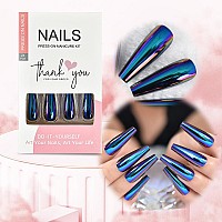 Elevenail Super Long Shiny Punk Style Dark Blue Coffin Press On False Nails Metallic Reflective Mirror Reusable Acrylic Nail Art